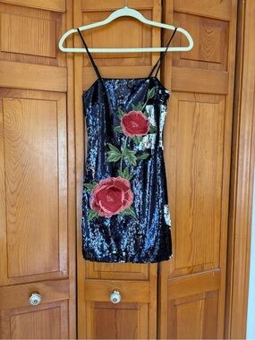 Forever 21 Black Sequin Mini Dress with Red Rose Embroidery